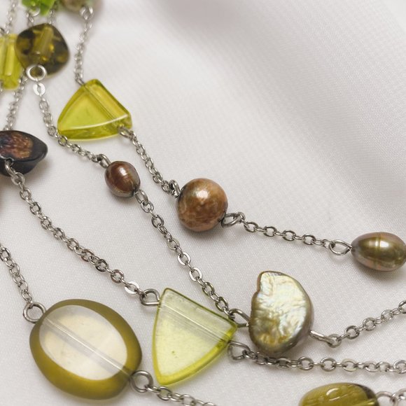 Olive Green Brown Natural Pearl Glass Beaded Silver Chain Layered Necklace - Picture 4 of 11